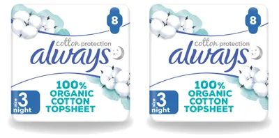 Imagen del producto de 2 paquetes de toallas sanitarias nocturnas Always Baumwolle Protection con alas, 100% algodón orgánico, paquete económico, 2 unidades