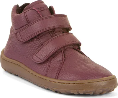 A single burgundy high-top shoe with two velcro straps, shown from a three-quarter front view against a white background.