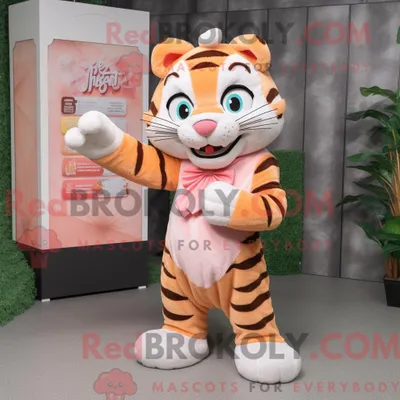 Produktbild von Peach REDBROKOLY Tiger Maskottchen Kostüm Figur bekleidet mit einem A-Linien-Rock und Fäustlingen