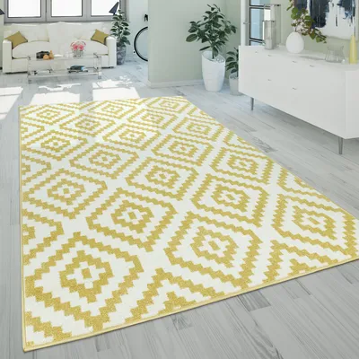 Immagine prodotto di Tappeto da salotto a pelo corto Pastello Motivo geometrico etnico Giallo Bianco Dimensioni 120x170 cm