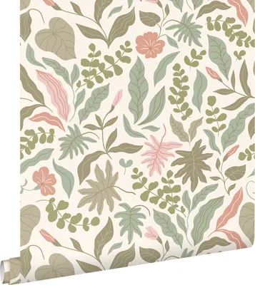 Produktbild von ESTAhome Tapete Blätter und Blumen Graugrün und Rosa 50 x 900 cm