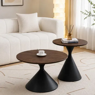 Produktbild von Couchtisch rund 2er Set, Beistelltisch Set mit Holzoptik Tischplatte und Metallfuß, Moderne Satztische Kaffeetische für Wohnzimmer, Schlafzimmer