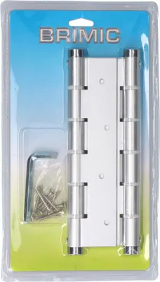 A product packaged in clear plastic, showing a pair of silver hinges and accessories.