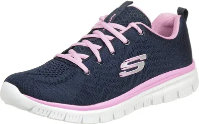 A single navy and pink Skechers sneaker is shown against a white background.