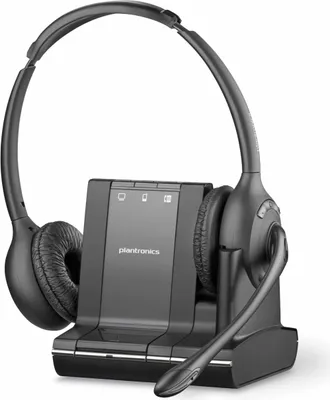 A black Plantronics Savi W720 DECT headset and its charging base are shown against a white background.