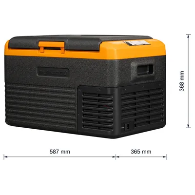 A product shot of a portable cooler/refrigerator with dimensions indicated.