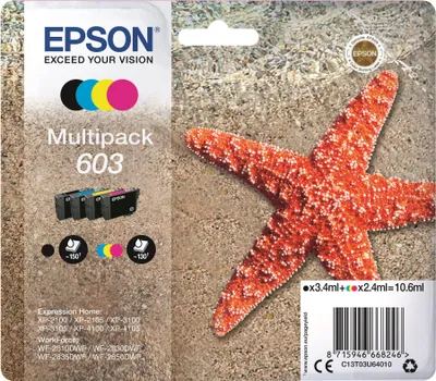 Produktbild von Epson Multipack 4-colours 603 Ink, Standardertrag, Schwarz, Cyan, Magenta, Gelb, 3,4 ml, 2,4 ml, 1 Stück(e), 150 Seiten