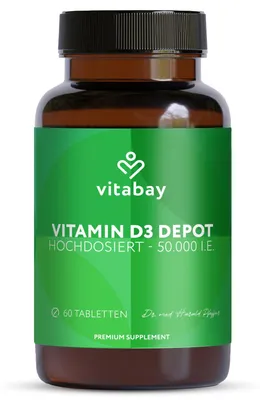 Produktbild von Vitabay Vitamin D3 Depot 50.000 I.E. – 60 vegane Tabletten – hochdosiert & vegan – ohne Zusatzstoffe – labor – Vorrat für sehr lange Zeit