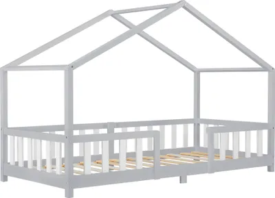 Produktbild von Kinderbett ’Treviolo‘ in Haus-Optik mit Rausfallschutz Kiefernholz 90 x 200 cm Hellgrau / Weiß