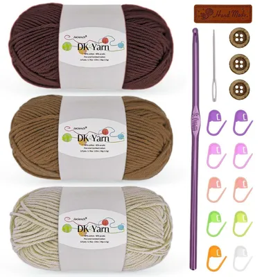 Produktbild von Häkelgarn 150g 3er Set Baumwolle/Acryl Kaffeebraun/Dunkelkhaki/Hellkhaki DK-Garn mit Zubehör