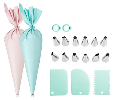 Produktbild von Spritzbeutel Set 2 Stück mit 12 Edelstahl Tüllen & 3 Teigschabern