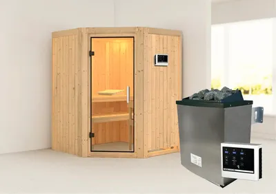 Produktbild von Elementsauna Karibu Callinan inkl. 9 kW Ofen u.ext.Steuerung ohne Dachkranz mit Ganzglastüre aus Klarglas