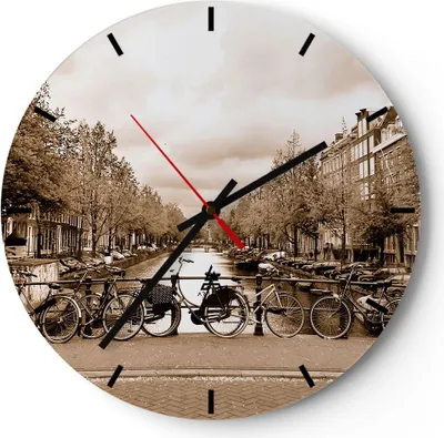 Produktbild von Wanduhr - Rund - Glasuhr - Kanal Fahrräder Amsterdam Zentrum - 30x30cm - Schleichendes Uhrwerk - Lautlos - zum Aufhängen bereit - Dekoration Modern - Wanddekoration aus Glas - C3AR30x30-2971