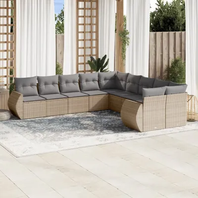 Produktbild von Design 10-tlg. Garten-Sofagarnitur mit Kissen Beige Poly Rattan, Gartenmöbel-Sets 2024 Neu