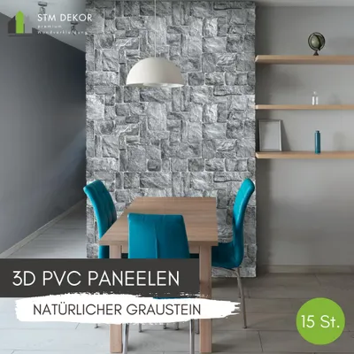 Produktbild von 3D-Wandpaneele PVC | Steinoptik | Natural Gray Stone - 15 Platten - 7,5 m² | Für Wohnzimmer, Küche & Bad | Einfache DIY-Montage