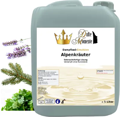 Produktbild von Dufte Momente | Dampfbad Emulsion 5 Liter | Alpenkräuter | gebrauchsfertig | vegan und ohne Tierversuche | hergestellt in Deutschland