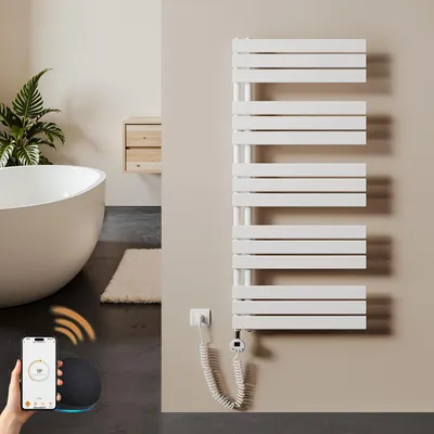 Produktbild von S'AFIELINA Handtuchheizkörper Elektrisch 1320x600mm, Badheizkörper Elektrisch mit Thermostat, WiFi, programmierbarem Timer, LCD-Anzeige, 800 W, Weiß