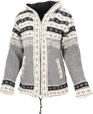 Produktbild von Kuschelige Gefütterte Strickjacke, Damenjacke, Wolljacke, Nepaljacke - Grau/schwarz/natur, Wolle, Größe: M