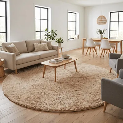 Produktbild von Fluffy Hochflor Shaggy Teppich Beige Rund, Größe:160 cm Rund