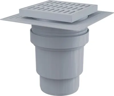 Produktbild von AlcaDrain Bodenablauf 150×150/110 mm mit einem senkrechten Abgang, Rost Grau, Manschette-2. Abdichtung, Geruchsverschluss mit Sperrwasser