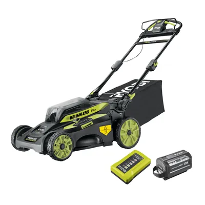 A Ryobi cordless lawnmower with two batteries is displayed on a white background.