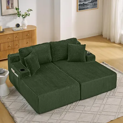 Obrázek produktu pro MODFU dvoumístná rozkládací postel s držákem na nápoje a polštáři, lounge křeslo, obývací pohovka s boční kapsou na časopisy, kordurový potah, zelená