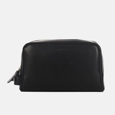 Immagine prodotto di Borsa cosmetica da viaggio in pelle nera con due scomparti per uomo