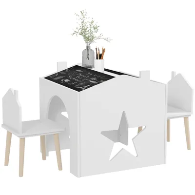 Image de AIYAPLAY Ensemble 1 table et 2 chaise 3 pièces pour enfants avec plateau de tableau noir, pieds en pin, pour 3-8 ans, blanc