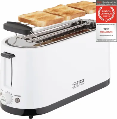 Produktbild von TZS First Austria Toaster, 4 Scheiben Toaster, Langschlitz, 1400W, mit Krümelschublade, Brötchenaufsatz, wärmeisoliertes Gehäuse, Temperatureinstellung, Edelstahlgehäuse, Auftaufunktion, Brotzentrierung