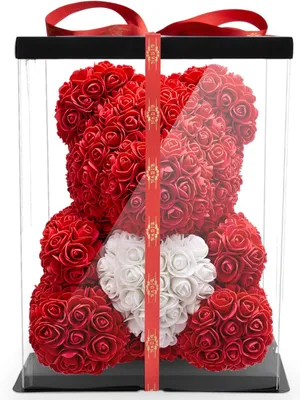 Produktbild von Rosen Bär Blumenbär mit Geschenkbox Geburtstagsgeschenk für Frauen Geschenk für Freundin zum Geburtstag Jahrestag Rose Teddybär Geschenk Rot 40 cm