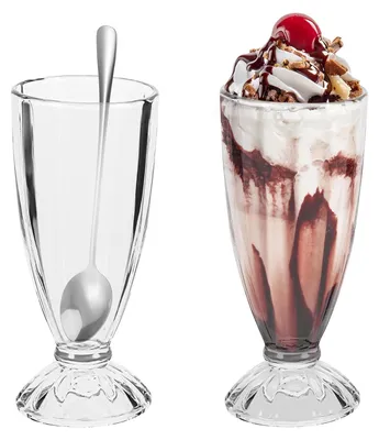 Produktbild von 2 Stück Eisbecher Glas, 360ml Wiederverwendbar Dessertgläser, Eiskaffee Gläser mit Löffeln, Milchshake Gläser mit Fuß, Iced Coffee Glas für Eis Dessert Getränke Cocktails