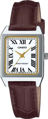A close-up studio shot of a women's wristwatch with a white face, Roman numerals, and a brown leather strap.