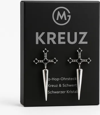 Produktbild von Hip-Hop Ohrstecker Damen Kreuz Schwert Schwarz Kristall Silber Set DE.