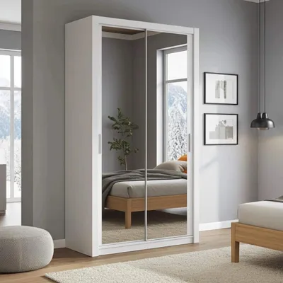 Productafbeelding van Schuifdeurenkast Zenit, 120 cm, garderobekast met twee deuren, kledingkast (kleur: wit, met spiegel)