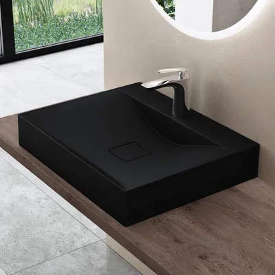 Immagine prodotto di doporro Lavabo da Appoggio o Sospeso Rettangolare 60 cm in Marmoresina Nero Opaco, Lavandino Bagno con Foro per Rubinetto Colossum810