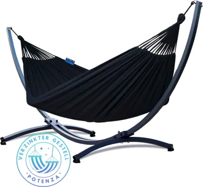 Produktbild von Potenza Outdoor Hängematte mit Verzinkter Gestell für 2 Personen I Baumwolle Doppelhängematte XXL 220x160, 200kg I Hängemattengestell 220kg, wetterfest