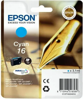 Obrázek produktu pro Epson Pen and crossword Singlepack Cyan 16 DURABrite Ultra Ink, Azurová, 3,1 ml, 1 kusů, 165 str.