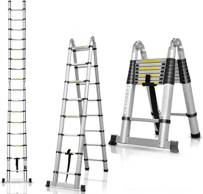 Produktbild von Teleskopleiter 5m Klappleiter mit Gummirutsche - multifunktionale Leiter Stehleiter ausziehbar 150 kg aus Aluminium Teleskopleiter