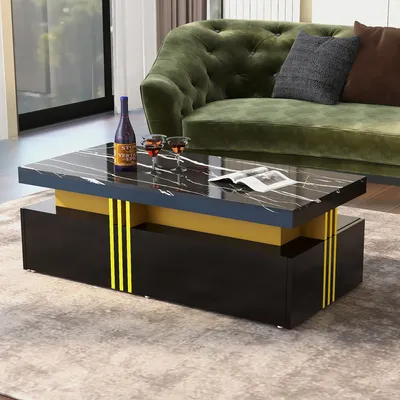 Produktbild von Merax Couchtisch mit Schubladen und Tischplatte in Marmoroptik, Beistelltisch aus Holz mit goldenen Nachbildung, Wohnzimmertisch Industrial