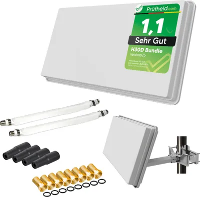 A collection of satellite antenna components and accessories, including a flat antenna, cables, connectors, and mounting hardware, arranged on a white background.