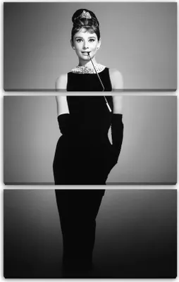 Produktbild von Leinwandbild 3-teilig (80x120cm): Audrey Hepburn schulterfreies Kleid schwarz Handschuhe Zigarettenhalter, echter Holz-Keilrahmen inkl. Aufhänger, handgefertigt in Deutschland