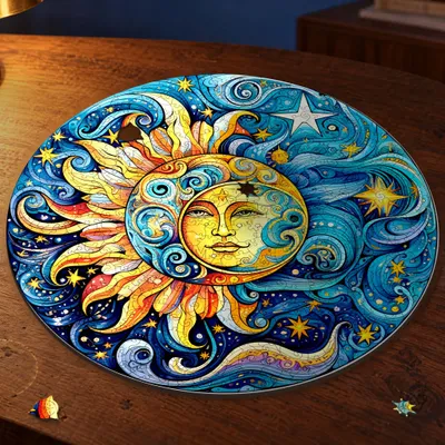 Produktbild von Sonne und Mond Mandala aus Holz, KI-generiertes Bild