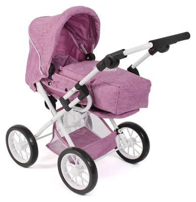 Image de Poussette de poupée combinée LENI Jeans Pink - poignée de poussée combinée, couffin, siège sport, harnais