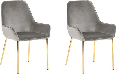 Produktbild von BELIANI Esszimmerstuhl 2er Set Grau Samt mit Goldenen Metallbeinen Niedrige Armlehnen Retro-Design Polsterstuhl für Esstisch Wohnzimmer Küche