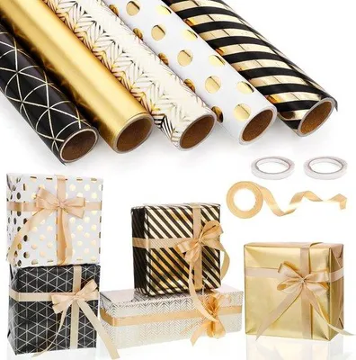 Produktbild von Geschenkverpackungspapier-Set mit Schleife, 43 cm x 3 m, schwarz-gold, für Geburtstag, Hochzeit, Baby-Shower