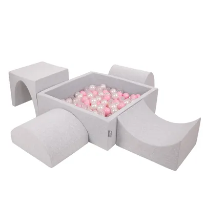 Obrázek produktu pro KiddyMoon pěnové hřiště pro děti s kulatým míčkem (200 ∅ 7cm), měkká překážková dráha a Kvadrát bazén s míčky, certifikováno  EU, Světle šedá:Pudrově růžová/Pearl/Transparentní, Version 1