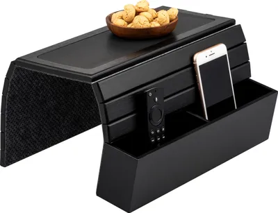 Image de Plateau de canapé eluno en bambou avec tablette en silicone et compartiments latéraux, tablette pliable pour snacks, téléphone portable, etc. en noir