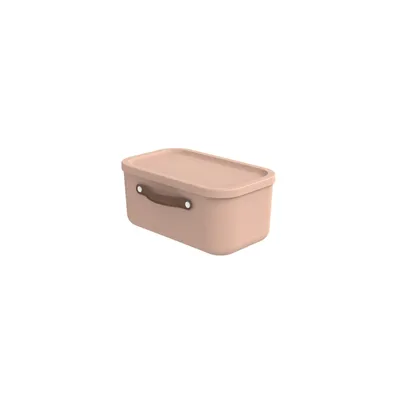 A beige storage box with a brown handle is shown against a white background.