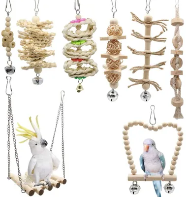 Produktbild von Vogelspielzeug 8er-Pack, Naturholz Mit Glöckchen, Schaukelfunktion Für Kakadus Und Wellensittiche