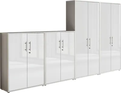 Produktbild von Aktenschrank TABOR 54 in lichtgrau / weiß Hochglanz, Schrankwand, Büroschrank, abschließbar, Metallgriffe